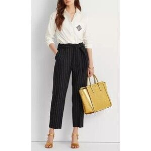 Lauren Ralph Lauren Linen Blend Striped Cropped Pants 2 Black White Belted
